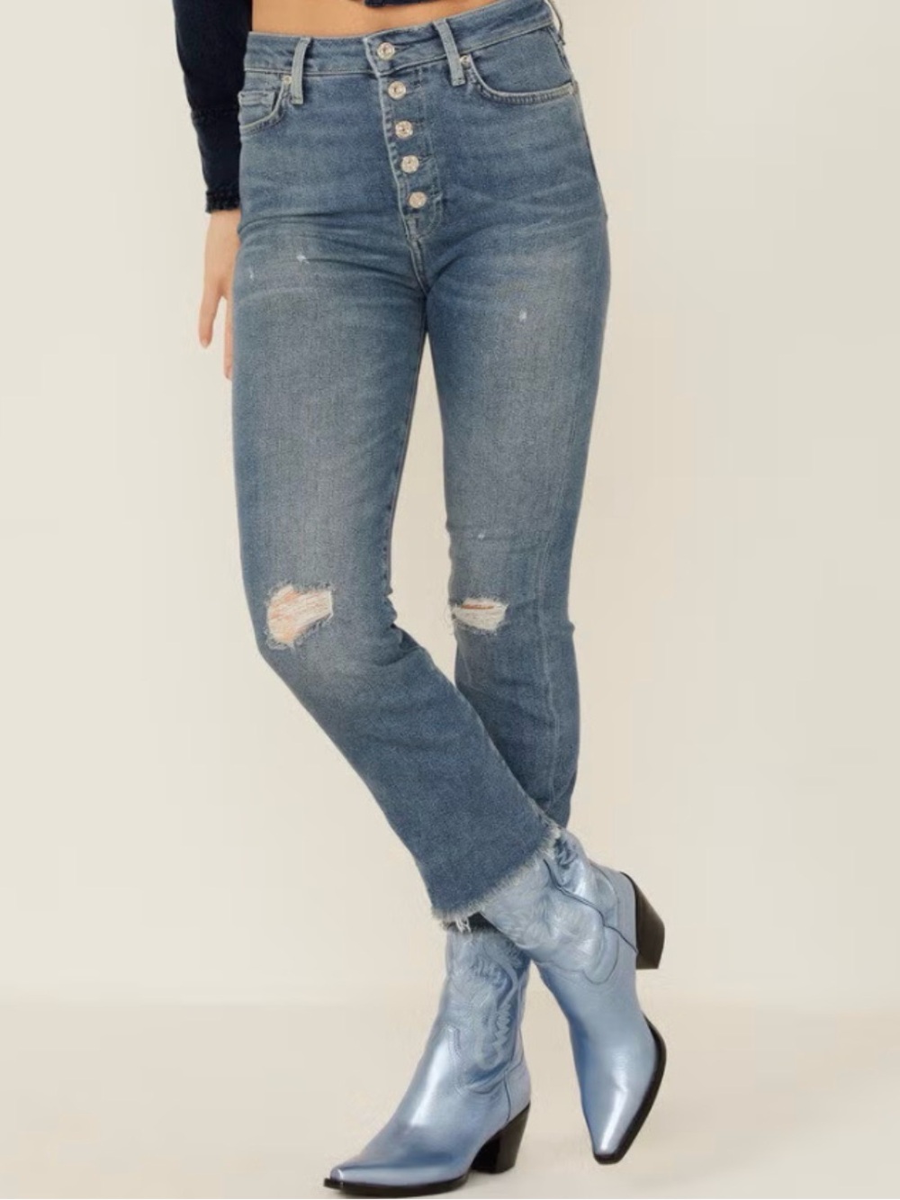 7 For All Mankind High-Rise Distressed Jeans - Blue Wash